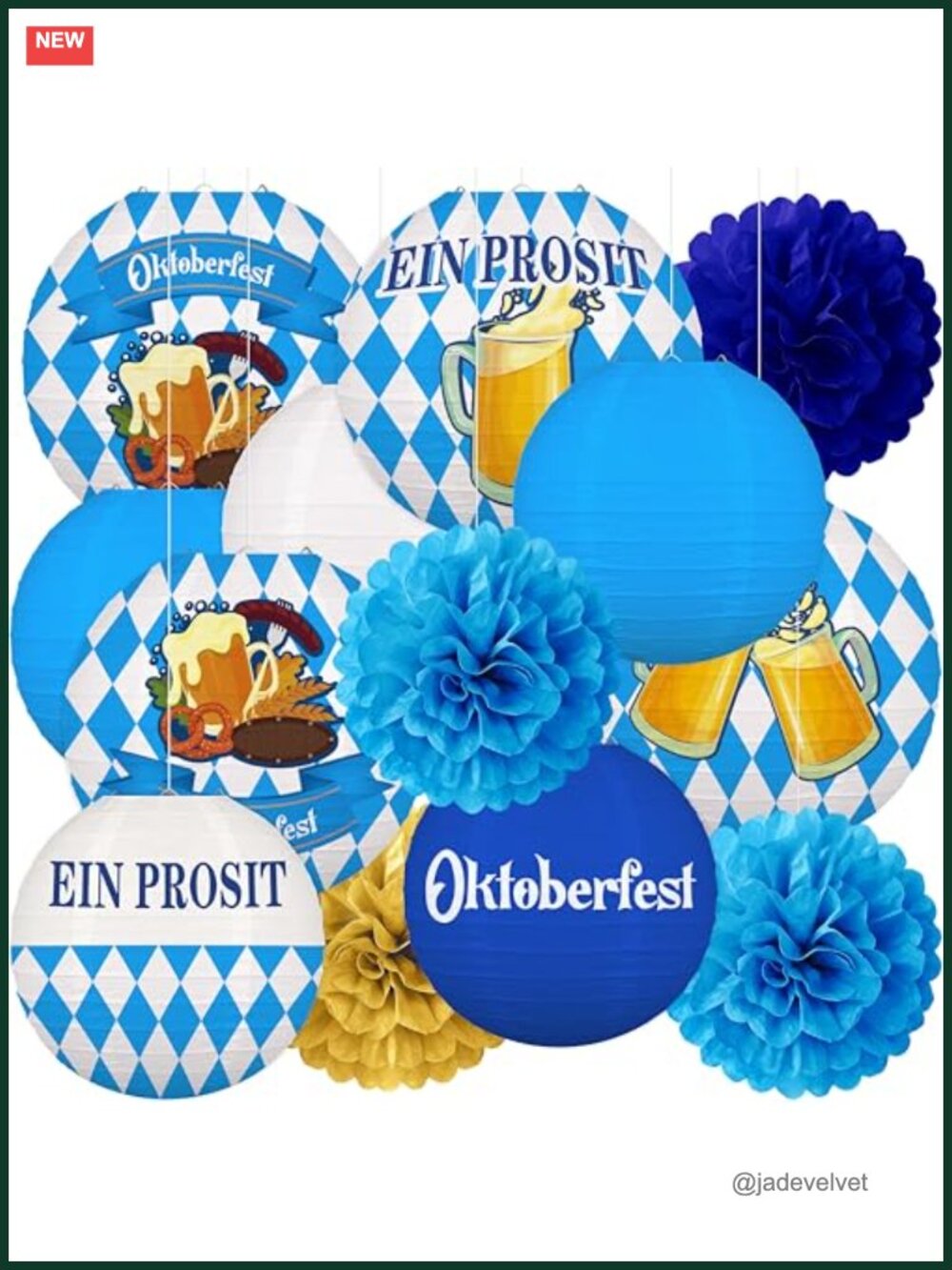 Oktoberfest Hanging Decorations Set 13PC Paper Lanterns Pom Poms German Beer